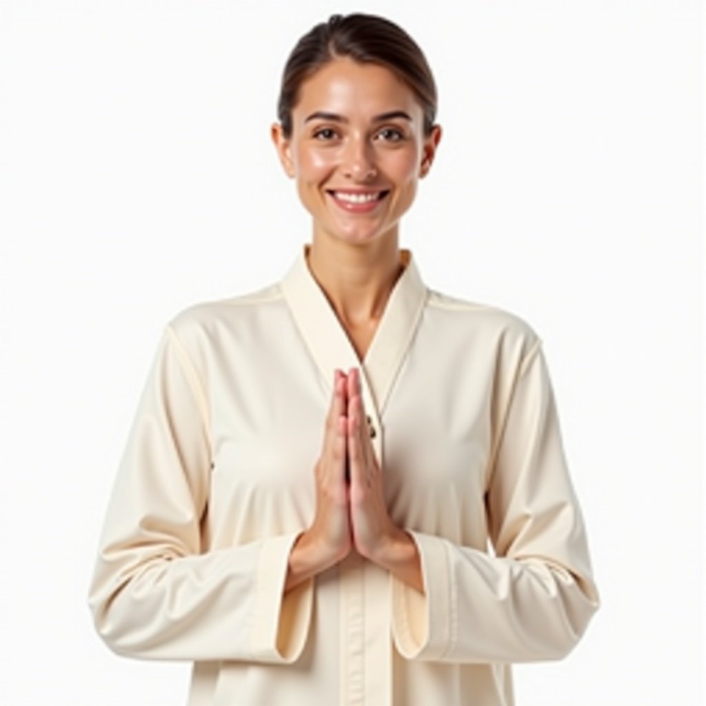 Image of a spa assistant dressed in modern cream uniform. Assistant holding hands together palms up. Background is transparent white. High photographic quality, realistic and detailed. Cinematic look in 4k resolution. Space around the image is visible.