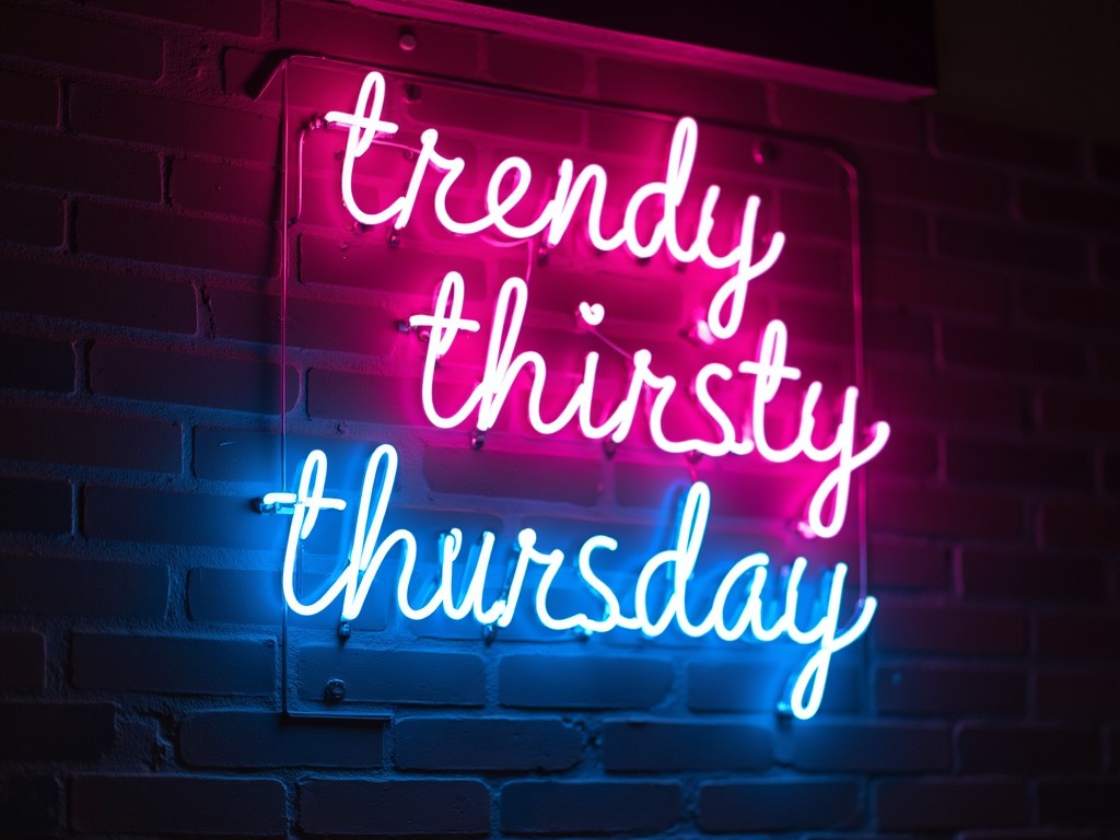 A neon sign reading 'trendy thirsty thursday' glowing in pink and blue against a dark brick wall.