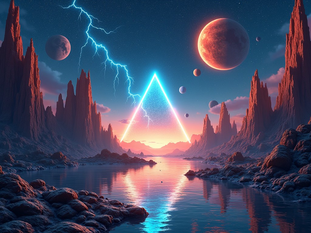 This is an artwork for a space rock album. The image features a surreal landscape with towering, jagged rock formations set against a starry cosmic background. A base-up glowing triangle illuminates the scene, surrounded by vibrant lightning bolts and planets drifting in the dark sky. The colors blend from deep blues to bright oranges, creating an electrifying atmosphere. The overall vibe is psychedelic and futuristic, capturing the essence of space exploration and musical energy.