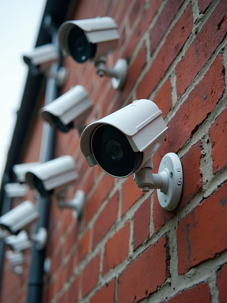 Multiple surveillance cameras mounted on a brick wall, each capturing various angles.