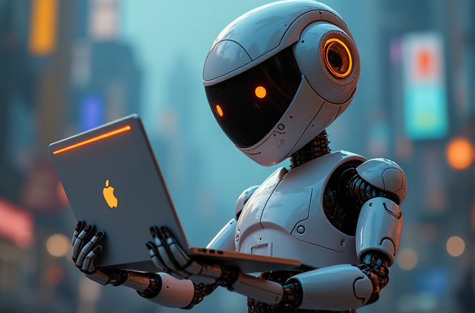 A futuristic robot engages with a glowing laptop in a neon-lit urban environment.