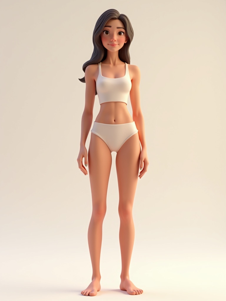 A stylized 3D model representing a teenage female figure. The figure has a delicate physique and stands in a neutral pose. This model features vibrant colors resembling Pixar animation. A minimalist background enhances the focus on the figure.