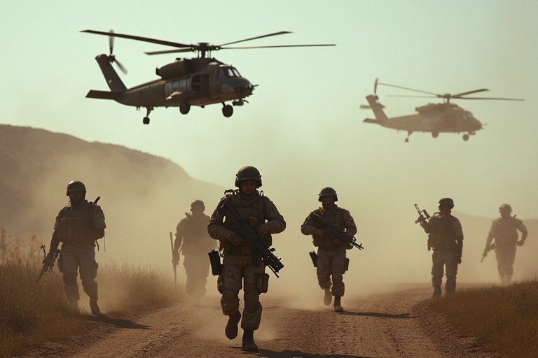 Armed soldiers advancing along a dirt path while helicopters hover above. Dust clouds surround the soldiers as they prepare for action. The scene captures a military operation in progress.