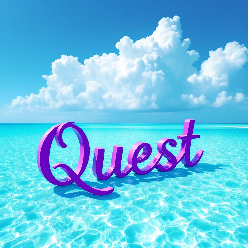 Elegant and modern design with the word Quest in purple. Word floats over a gorgeous Caribbean sea. Sky and sea share a Tiffany blue tone. Gentle white clouds complete the scene.