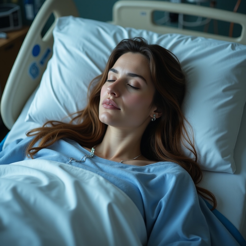 A woman lies in a hospital bed, appearing peaceful despite her situation. She has long brunette hair and fair skin. The room is softly lit, creating a tranquil atmosphere. She is in an ICU setting, indicating serious medical attention. The focus is on her face, evoking feelings of compassion and concern.