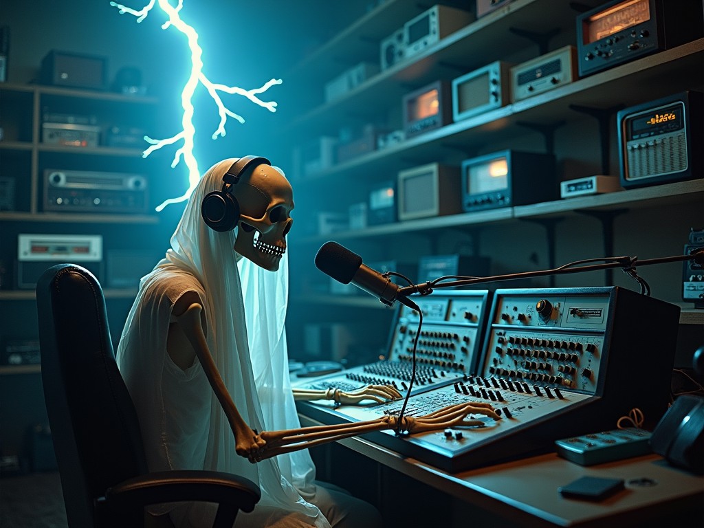 In a dimly lit room filled with various radio equipment, a skeletal figure draped in white is sitting behind a microphone. The skeleton is wearing large headphones, intently focused on controlling the audio mixer in front of it. Lightning crackles dramatically in the background, adding an eerie ambiance. Shelves filled with vintage radios and old vinyl records line the walls, suggesting a passion for classic communication and music. The scene has a supernatural, ghostly atmosphere, blending elements of horror with radio and music nostalgia.