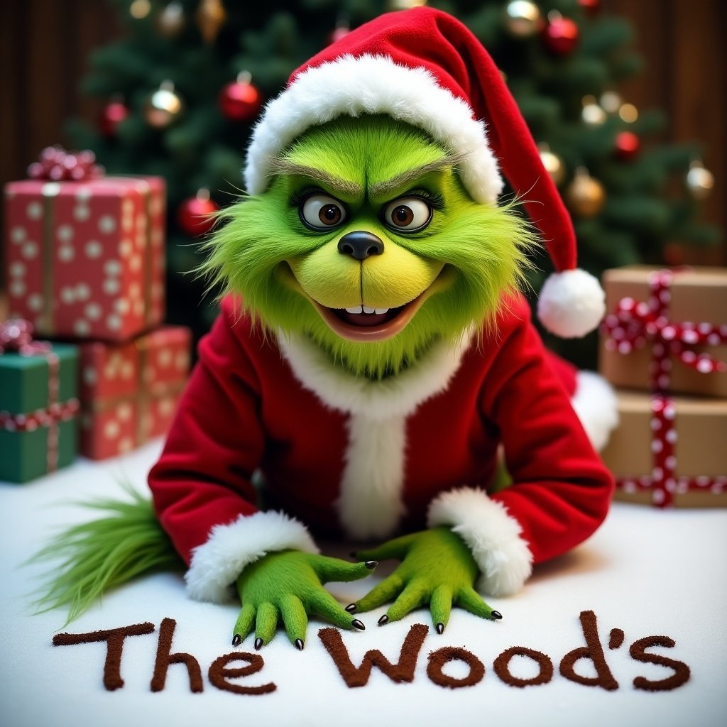 The Grinch wears a Santa outfit with green skin. Displays a playful demeanor and cozy smile. Background features festive decor and wrapped gifts. The Wood's is written in the snow.