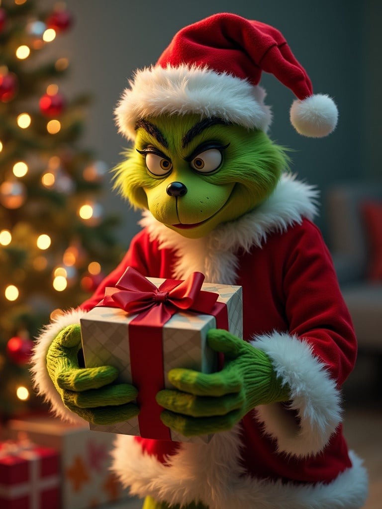 Grinch character depicted in a Christmas setting. Green character dressed in a Santa suit holding a wrapped gift. Christmas tree decorated in background. Cozy ambiance.