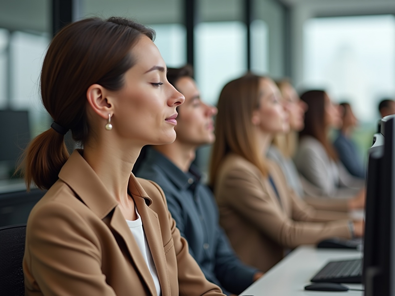 In a modern corporate office, a group of individuals are seated at their desks engaged in breathing exercises. Each person has their eyes closed, creating a serene atmosphere, while they block one side of their nose with their thumb. The employees are dressed in neutral brown tones, contributing to a cohesive and calming visual. The setting suggests a focus on mindfulness and stress relief in high-pressure work environments. This scene embodies a growing trend of integrating wellness practices into daily corporate life. The soft lighting enhances the calming effect as the participants concentrate on their breath.