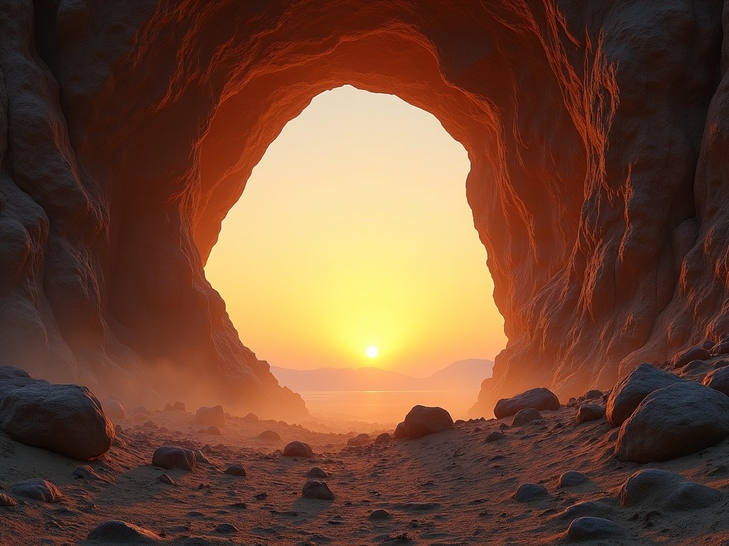 The image depicts a grand cave opening with a stunning view of the sun setting outside. Sunlight streams through the arch, illuminating the rocky texture of the cave walls. The foreground shows a rugged terrain scattered with boulders and dust. A misty atmosphere surrounds the scene, adding a mystical quality to the landscape. The overall color palette features warm oranges and deep browns, creating a dramatic contrast. This scene evokes a sense of adventure and nature's beauty.