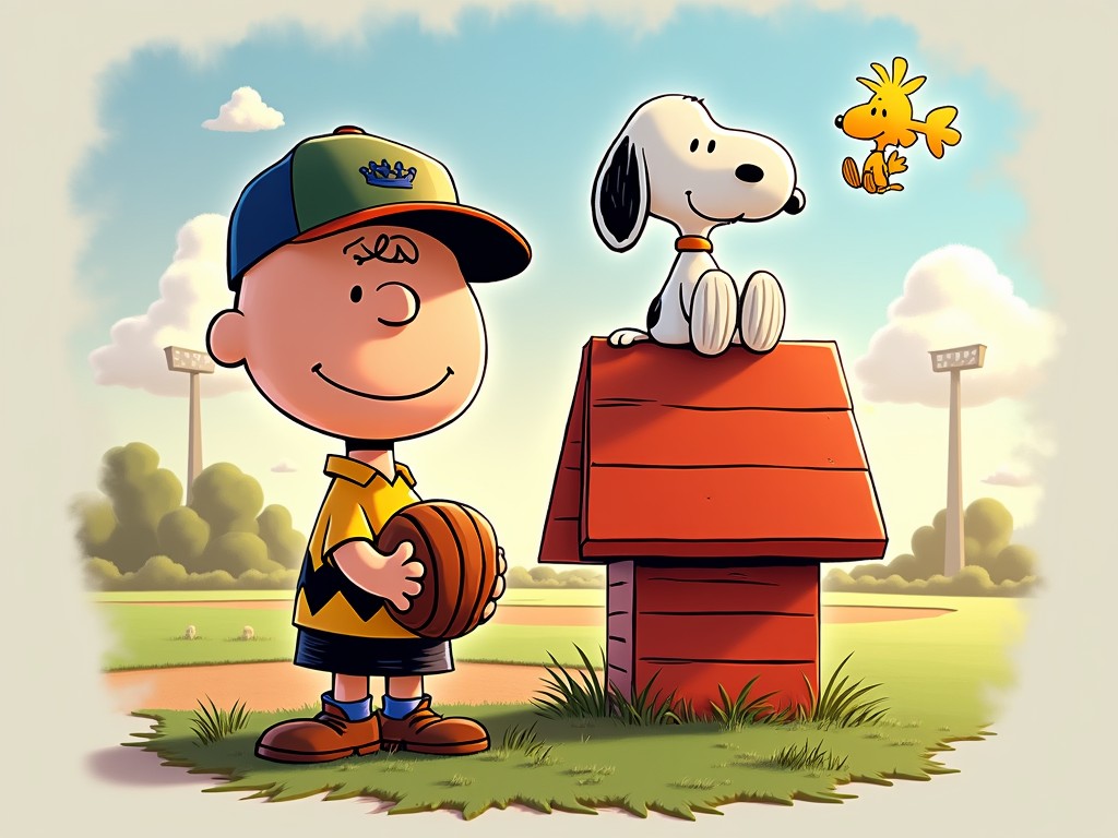 In this illustration, a cheerful boy in a baseball cap holds a ball while standing next to a dog sitting on a red doghouse. Above them, a small yellow bird flutters joyfully. The background features a sunlit baseball field, conveying a sense of playful adventure and friendship.