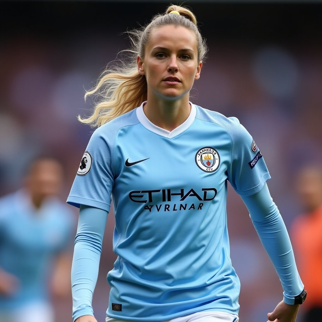 Athlete wearing Manchester City football kit. Blue jersey with logo. Action shot with focus on athlete. Natural lighting captures moment.