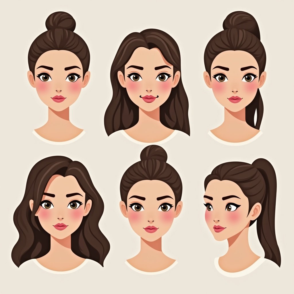 Illustration of women showcasing various face shapes and hairstyles. Each woman has a unique hairdo and distinct face shape. The styles emphasize beauty and diversity. Ideal for educational purposes.