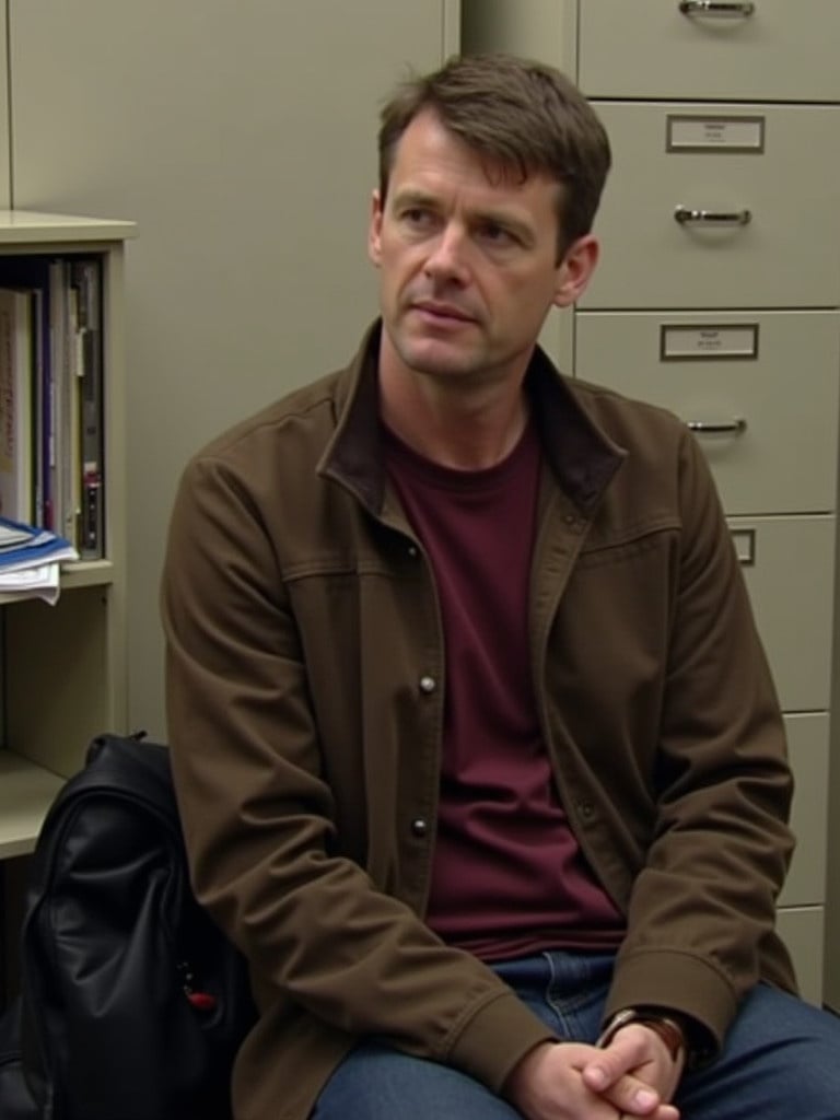 The image shows a man seated in a chair. He wears a brown jacket over a maroon shirt. He has short hair and looks to the side with a serious expression. A black bag rests beside him. Behind are filing cabinets with folders and paperwork. The room is an office setting with a neutral wall.