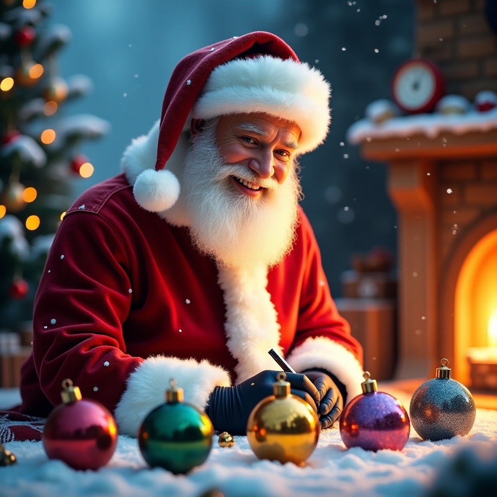 Santa writes names on colorful baubles in a winter landscape. Snow covers the ground. Christmas tree decorates the scene. Cozy fireplace crackles softly in the background. Focus on Santa's joyful interaction with the baubles.