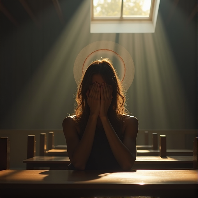 A person sits in a church, hands covering their face, illuminated by sunlight streaming through a window.