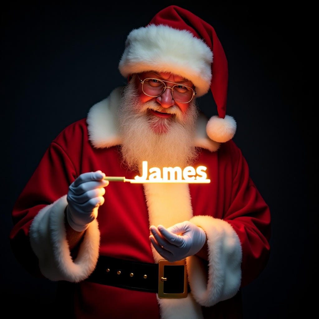 This image features Santa Claus wearing his traditional red and white suit. He is holding a glow stick that forms the name James in bright light. Santa's expression is jolly, exuding warmth and holiday cheer. The background is dark, enhancing the glow of the text. This festive scene captures the magic of Christmas and the joy of the season.