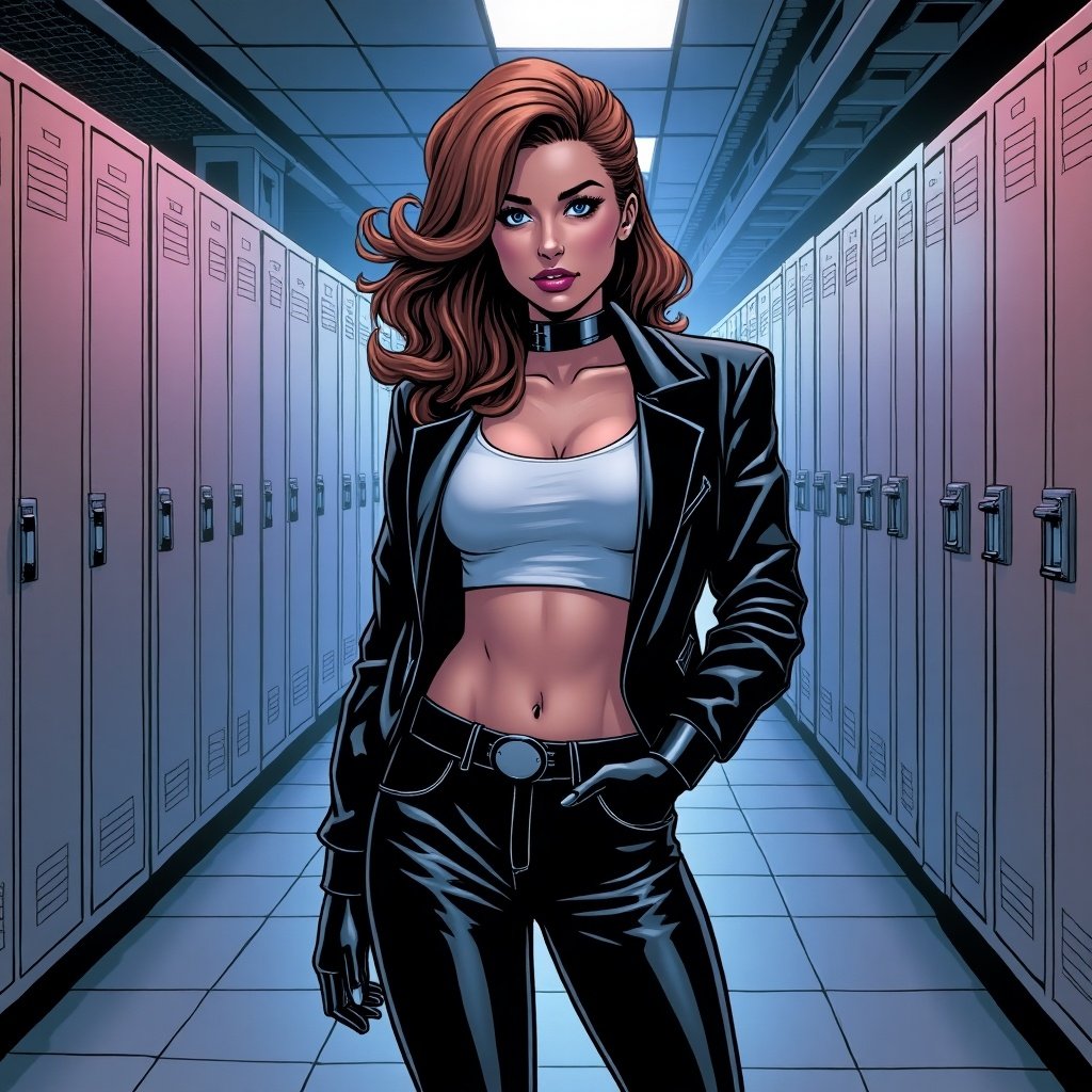 Strong female character in a chic outfit stands confidently in a neon-lit locker room. The character has brown hair styled modernly and wears a stylish ensemble.