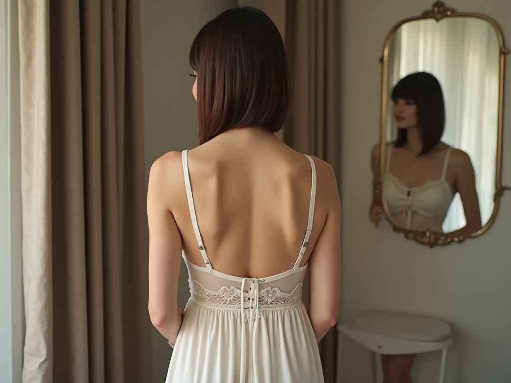 A woman stands with her back to the camera, wearing a delicate white dress with lace details. She gazes into a vintage gold-framed mirror that reflects her soft features and elegant stance. The room is softly lit, with gentle light filtering through curtains, adding a serene and intimate atmosphere to the scene.