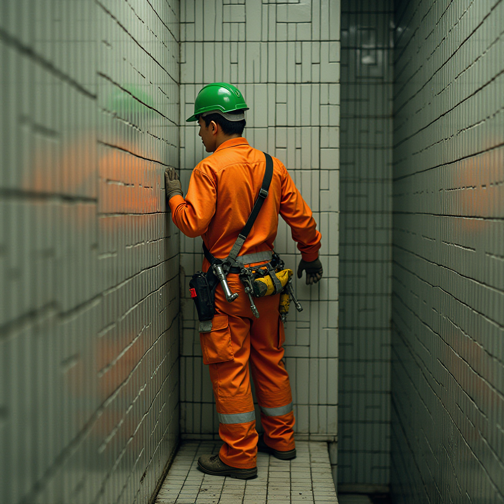 A construction worker examines a tiled corridor while wearing orange safety gear and a green helmet.