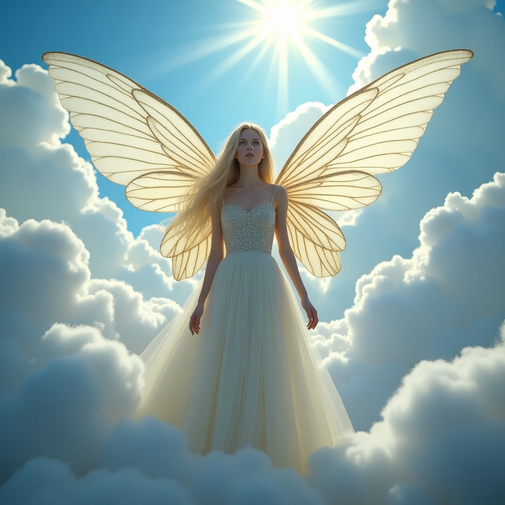 The image depicts an ethereal elf standing gracefully among fluffy clouds. She has delicate butterfly wings that shimmer with a translucent quality. The background is bright blue, suggesting a serene sky, with sunlight beaming down from above. The elf is dressed in a flowing, light-colored gown, enhancing the dreamlike quality of the scene. This enchanting moment captures the essence of fantasy, merging beauty with nature.