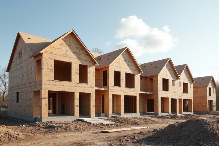 Photograph shows multiple homes that are under construction. The houses are framed with wood materials. The construction site is clear and organized. The sky is blue with some clouds. Sunlight highlights the structures.