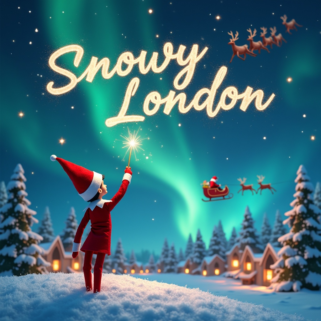 Elf on the shelf stands on a snowy hill, uses a wand to write 'Snowy London' in the sky. Magical Christmas background with northern lights and Santa flying in the sky.