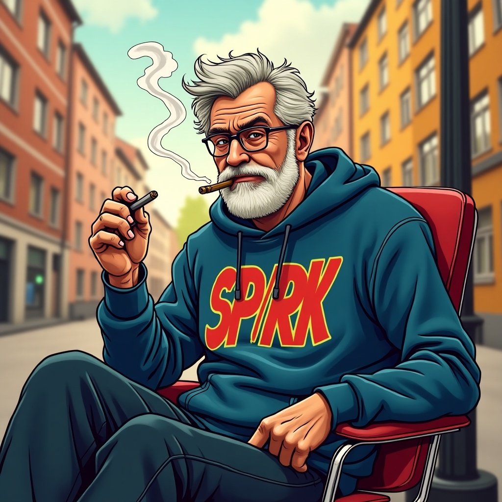 Image of a man sitting on a chair in a city. He wears a blue hoodie with SPARK printed on it and is smoking a joint. Background shows urban buildings. The scene has a relaxed vibe.