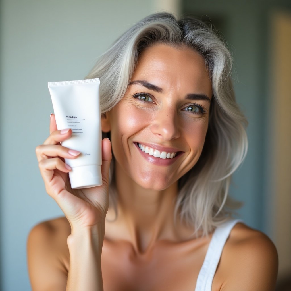 A smiling woman with gray hair holds a skincare product in a tube