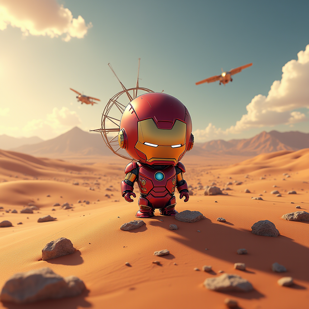 A cute, small figure in a metallic suit stands on desert sands as planes soar in the sky.