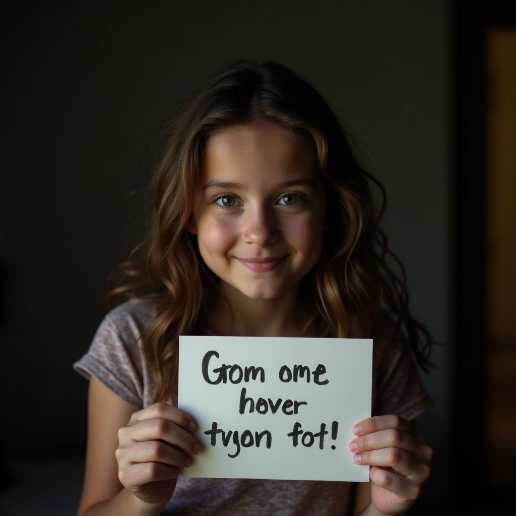 Brunette girl in dark room holds a sign. Casual setting. Written message on paper.