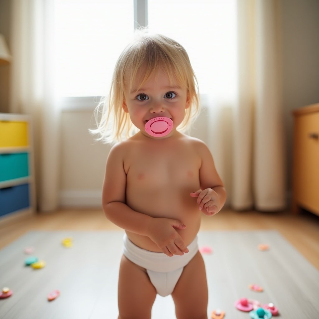 A toddler girl stands with a playful expression. A pink pacifier is in her mouth. She is barefoot and wearing a diaper. Soft natural light comes through a window. Light-blonde hair is straight and long. Brown eyes are bright. Colorful furniture is in the background. Pacifiers are scattered on the floor.