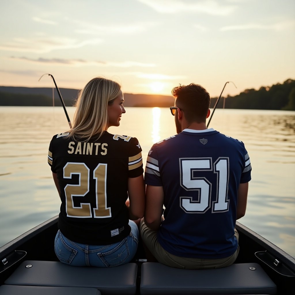 A couple sitting together on a boat, fishing in a lake. The woman wears a black Saints jersey while the man wears a blue Cowboys jersey. The scene captures the calmness of the lake and the beauty of the sunset.