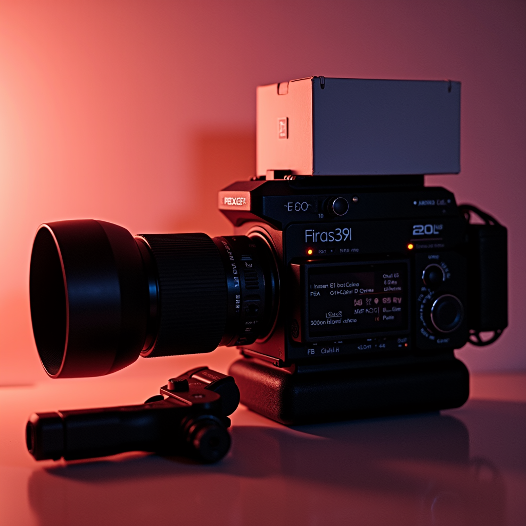 A retro-style camera is bathed in a warm, red light, showcasing its lens and controls.