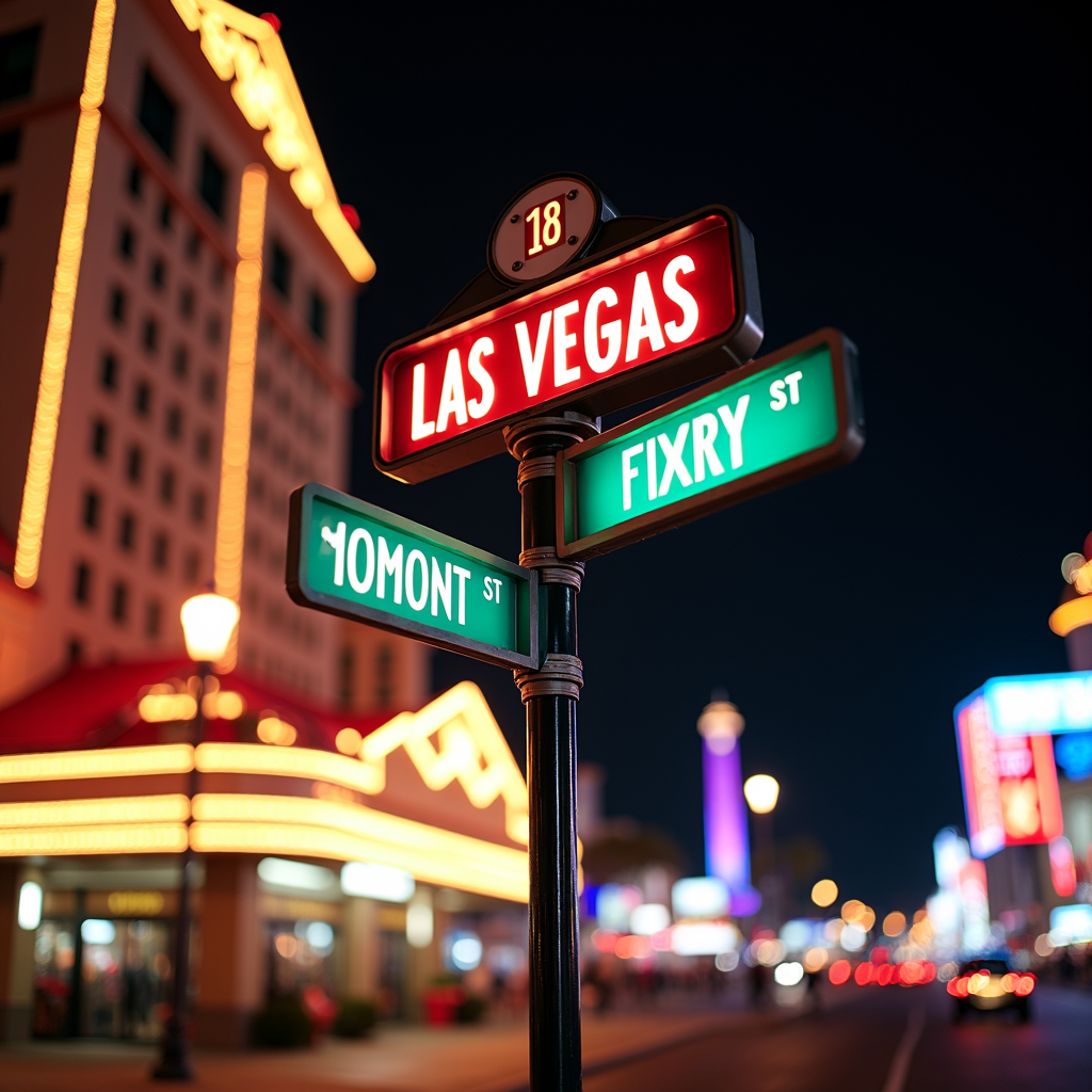 A neon signpost in a vibrant city with bright lights at night.