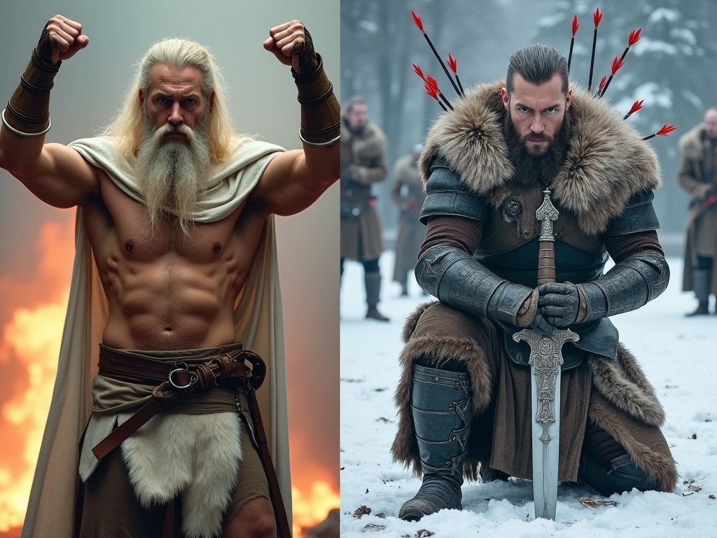 Two warriors contrasted, one in ancient Greek-style armor with a fiery background, and the other in medieval European-style armor in snowy environment, fierce and ready for battle.