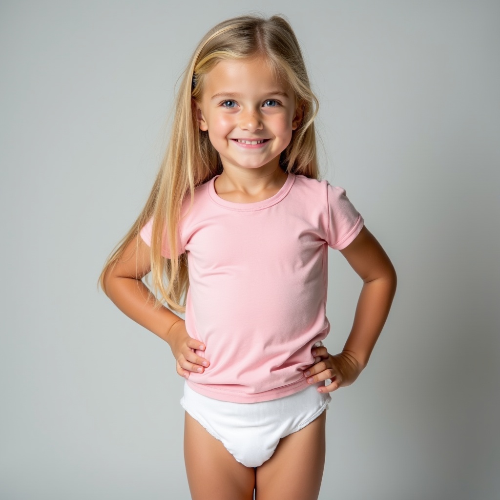 This image features a seven-year-old girl with long blonde hair, showcasing a blend of comfort and style. She is dressed in a fitted pink t-shirt and a white diaper, presenting a casual yet stylish look. Set against a soft gray background, the colors emphasize her youthful innocence. Her relaxed pose with one hand on her hip exudes confidence, capturing a typical childhood moment. The soft, inviting lighting enhances the playful feel of the scene, making it an adorable representation of toddler fashion in a casual home setting.