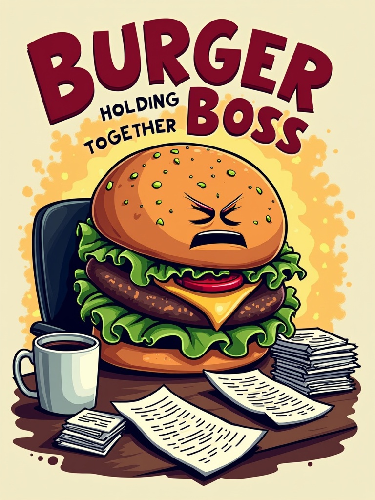 Illustrate a T-shirt design featuring a stressed burger sitting at a cluttered desk, expressions of anxiety visible. Papers are scattered around the workspace, with a coffee cup nearby. Caption text reads 'Burger Boss: Holding it all together.'