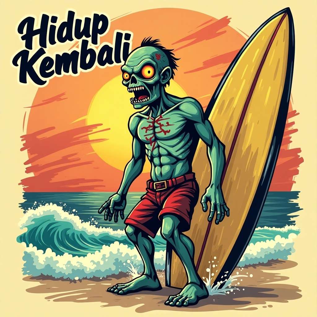 This image illustrates an angry zombie standing on a beach, holding a broken surfboard. The artwork is in a vintage style, with bright colors that evoke a fun, tropical atmosphere. The zombie has an intense expression and is depicted with a muscular build, embodying a playful yet fierce character. The background features a sunset over the ocean, adding a vibrant touch to the scene. The text 'Hidup Kembali' is prominently displayed, enhancing the playful theme of the image.