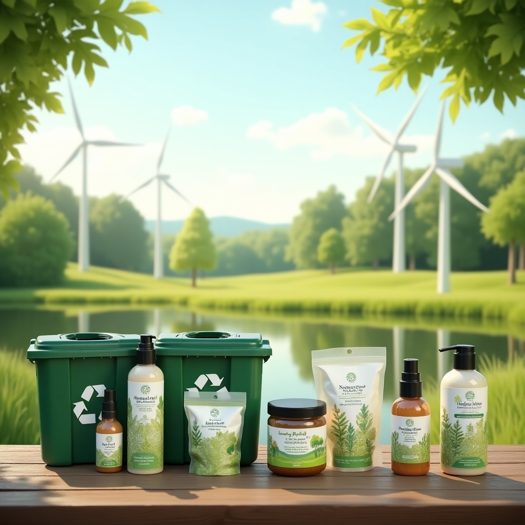 In a lush, serene setting, eco-friendly products are displayed on a rustic wooden table. The backdrop features wind turbines and a clear blue sky reflecting sustainable practices. The image conveys a strong message of making sustainable choices in duty-free shopping. Key themes include reducing waste through recycling, supporting local and ethical brands, and minimizing environmental impact. The overall aesthetic is peaceful and promotes a greener lifestyle.