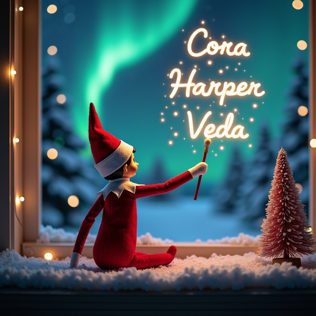 An enchanting Christmas scene features an elf on the shelf, who is gazing at the sky and facing away from the viewer. Dressed in a classic red and white outfit, the elf uses a magic wand to write names in a glowing script that hovers above. The backdrop showcases vibrant northern lights, providing a magical touch. The surrounding scene is decorated festively, evoking the spirit of Christmas with whimsical elements. The elf's pose and action create a sense of wonder, capturing the joy and excitement of the holiday season.