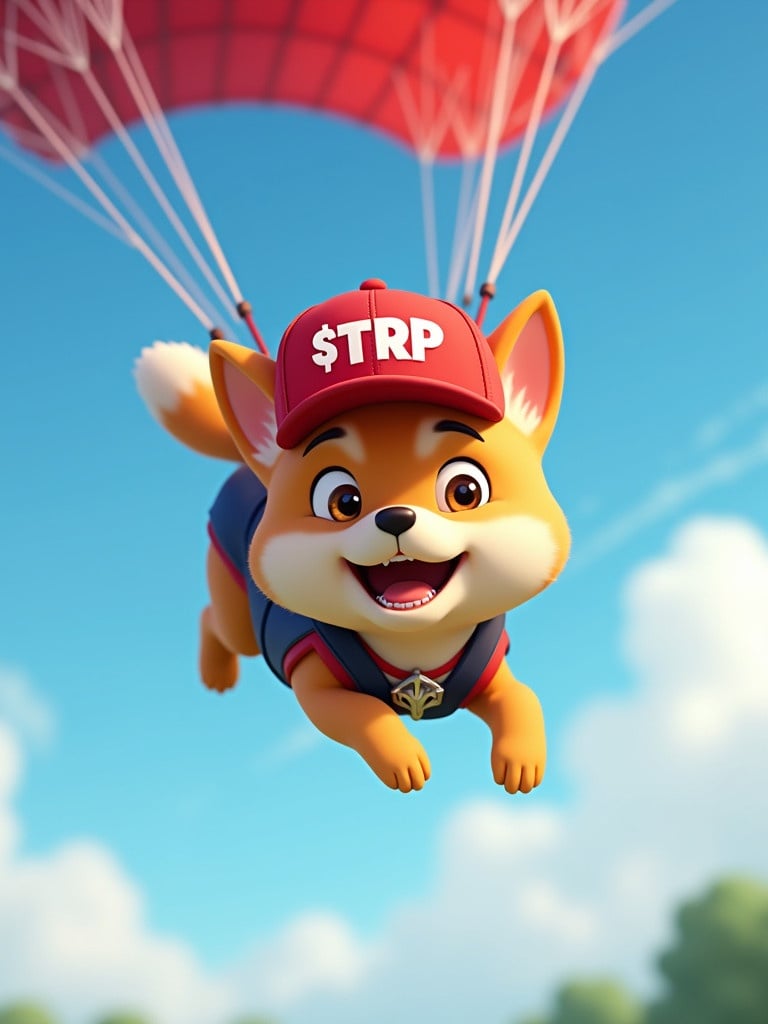 Animated cartoon character of Shiba dog wearing a red baseball cap called $TRP diving and paragliding on a parachute excitedly in the sky.