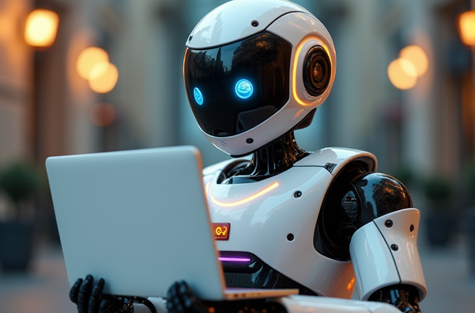 A glossy-surfaced robot with glowing blue eyes is holding and examining an open laptop amid a softly-lit urban backdrop.