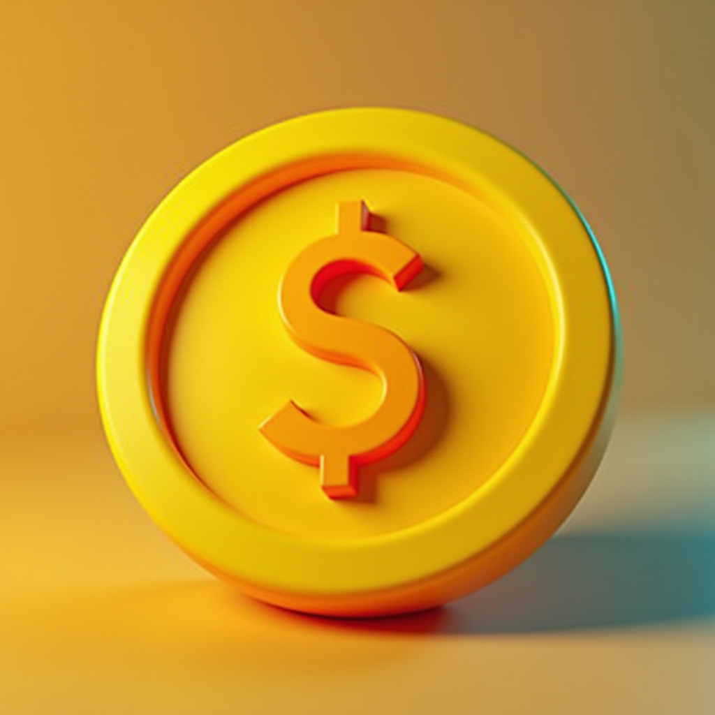 A digitally rendered golden coin featuring a dollar symbol, set against a gradient background.