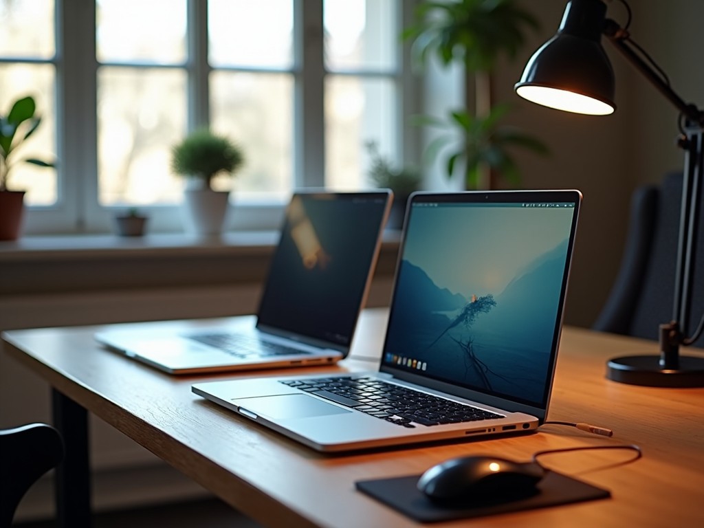 A modern and clean office desk setup featuring two open laptops with a scenic wallpaper, illuminated by a stylish desk lamp, and framed by blurred greenery by a window.