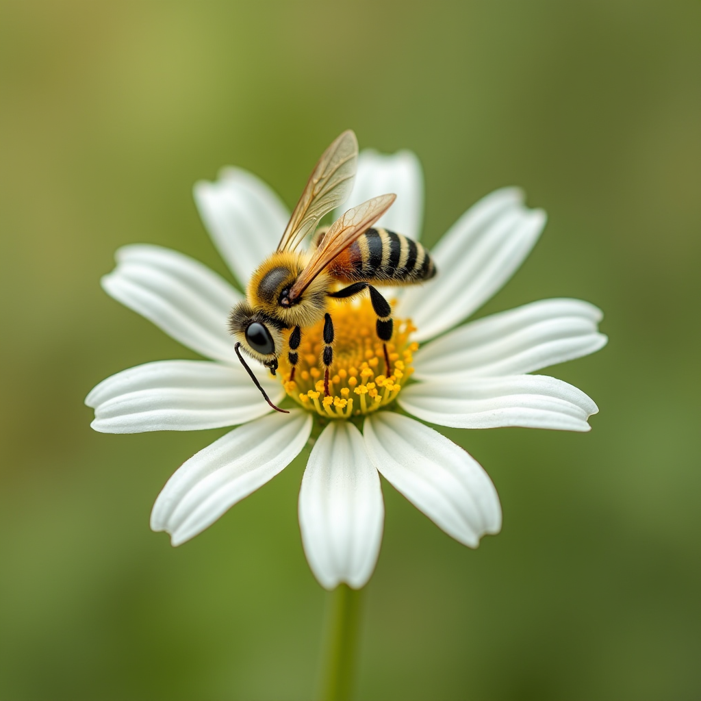 A bee delicately perched on a daisy, gathering pollen.