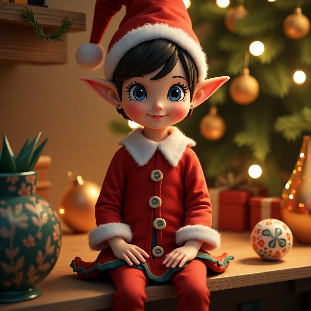 A charming elf doll sits on a shelf, dressed in a traditional red outfit with white trim. The elf has short hair and a small earring, embodying holiday cheer. Behind the elf, a beautifully decorated Christmas tree glows softly with golden ornaments. The warm lighting creates a cozy and festive atmosphere, making it perfect for holiday decorations. This adorable character brings the spirit of Christmas to life, ideal for children's stories or holiday promotions.