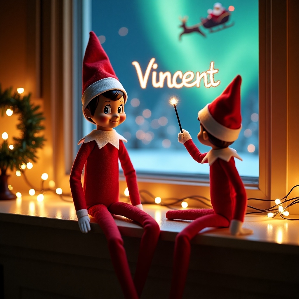 The image features a cheerful elf on the shelf named Harvey, sitting on a mantel. Dressed in a classic red outfit with a white collar and hat, the elf has a friendly smile that captures the magic of the holiday season. Surrounding Dominik are festive decorations, including a wreath and Christmas lights that create a warm ambiance. The background is softly illuminated with glowing lights, enhancing the cozy holiday feel. Santa Claus can be seen in his sleigh, adding to the festive atmosphere, completing the magical Christmas scene.