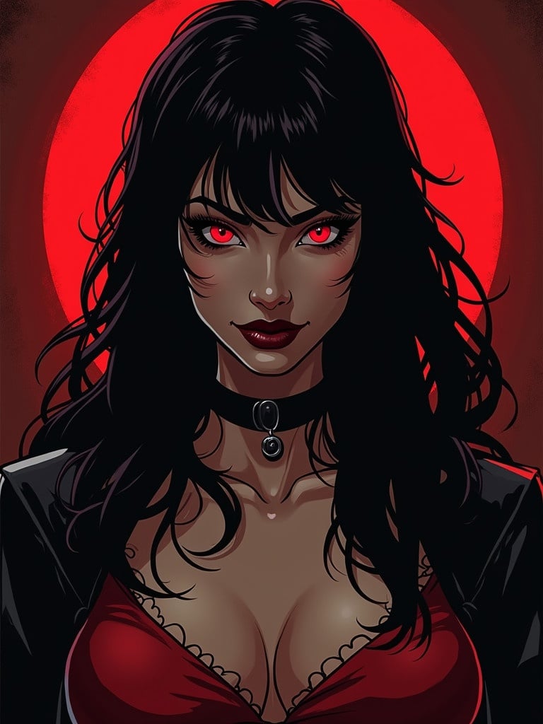 Vampirella character illustration. Dark and seductive atmosphere. Crimson background enhancing gothic style. Emphasis on character's allure and mysterious quality. Features gothic fashion and long flowing dark hair.