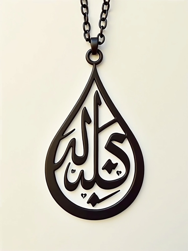 Teardrop-shaped pendant with Arabic calligraphy. Designed for necklace or chain. Features the word 'الاخلاص' in Thuluth script. Smooth lines create an elegant design. Neutral background enhances visibility.